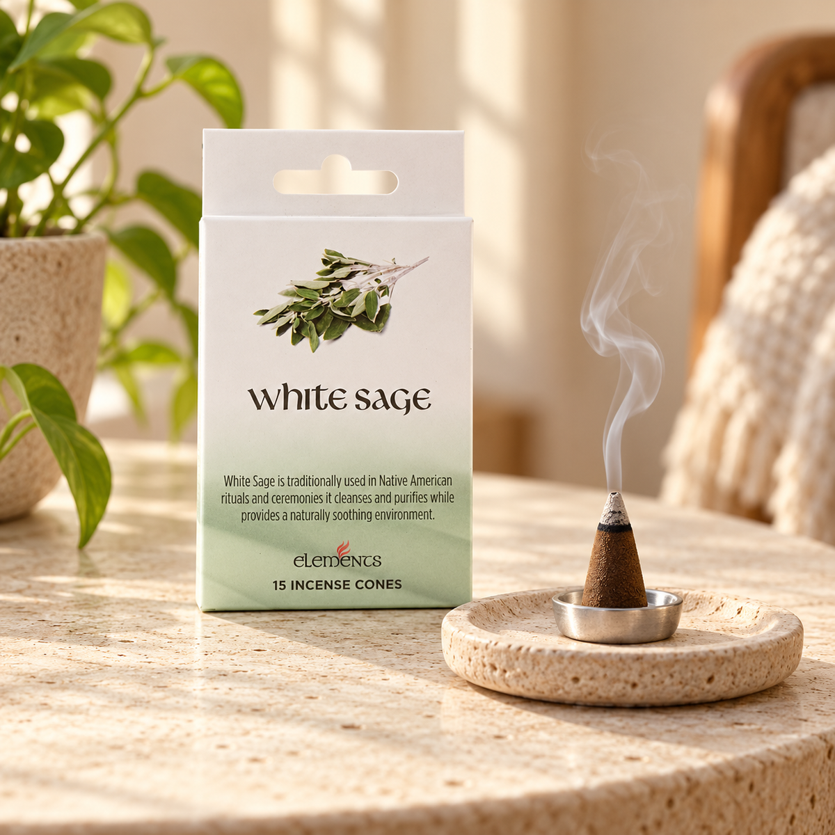Elements White Sage Incense Cones – 15 Pack — styled lifestyle product photograph