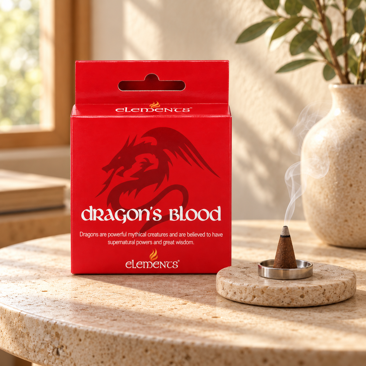 Elements Dragon’s Blood Incense Cones – 15 Pack — styled lifestyle product photograph
