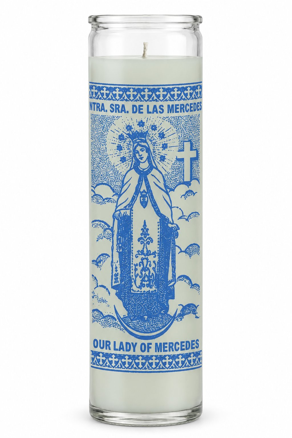 Our Lady of Mercedes 7-Day Prayer Candle – Virgen de las Mercedes Novena Candle — white studio background