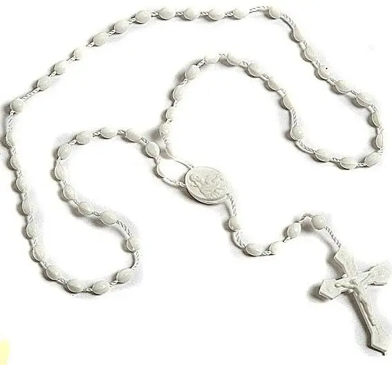 White Plastic Rosary Beads Powerfulhand.com
