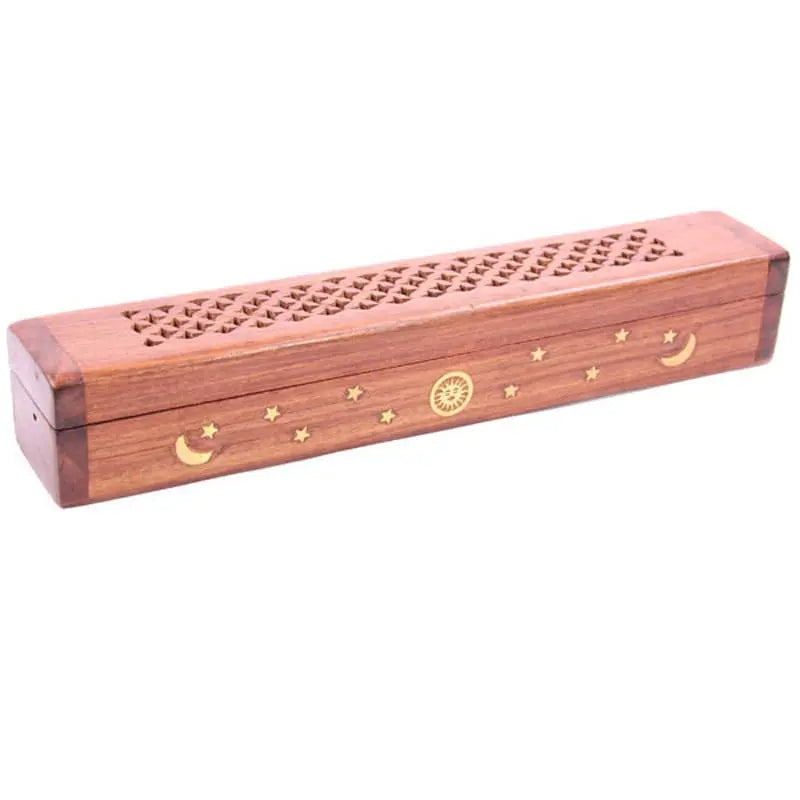 Sheesham Moon + Stars Wood Incense Box Powerfulhand.com