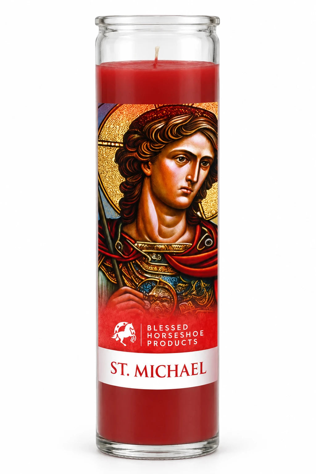 Saint Michael Candle — Red (Picture) — white studio background