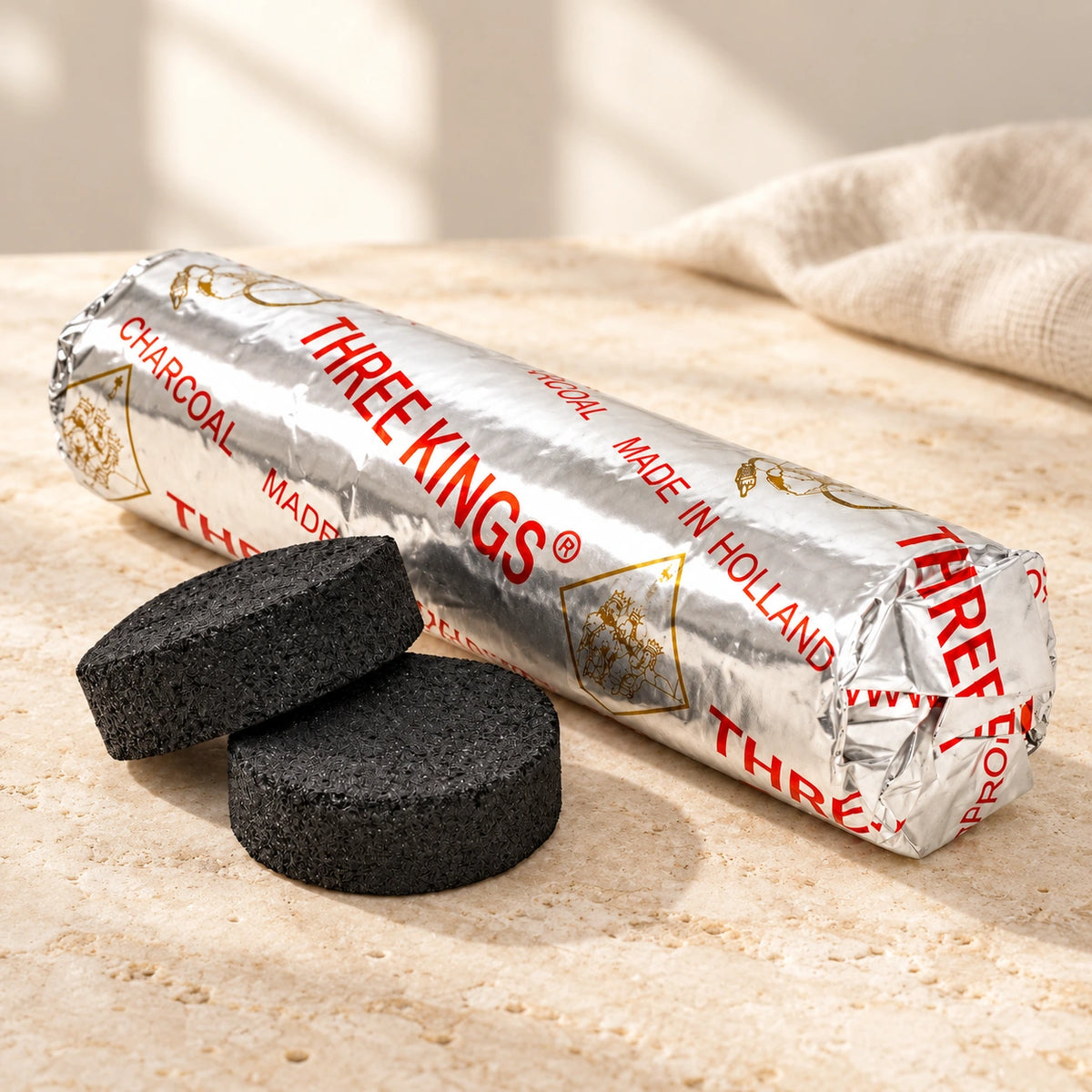 Three Kings Charcoal Large Size — lifestyle photo on a limestone surface