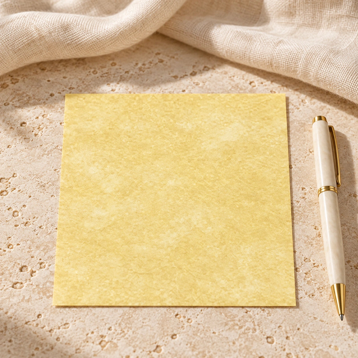 Virgin parchment paper 4 by 4 inch sheet in a neutral lifestyle setting