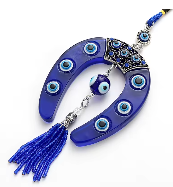 Evil Eye Blue Horseshoe Charm Keychain