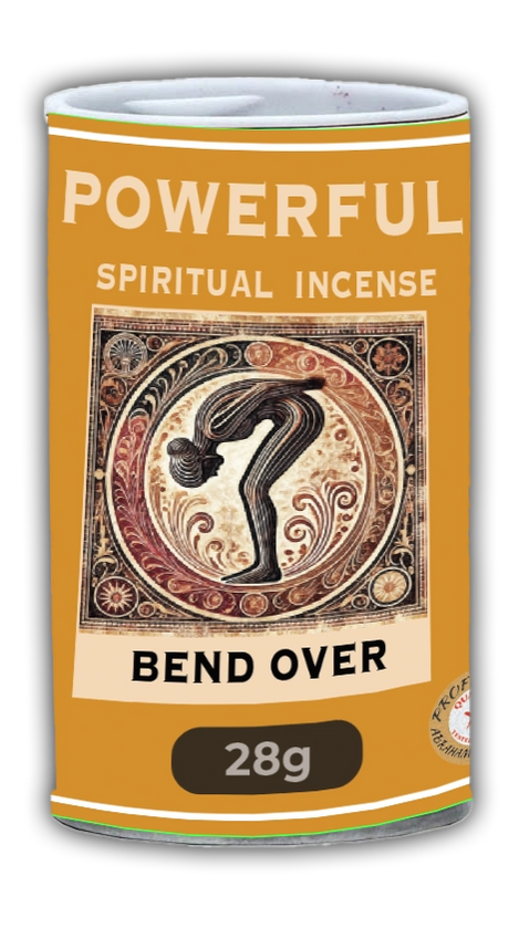 A product image featuring a can labeled 'Bend Over' with text indicating it is a spiritual incense, weighing 28g.