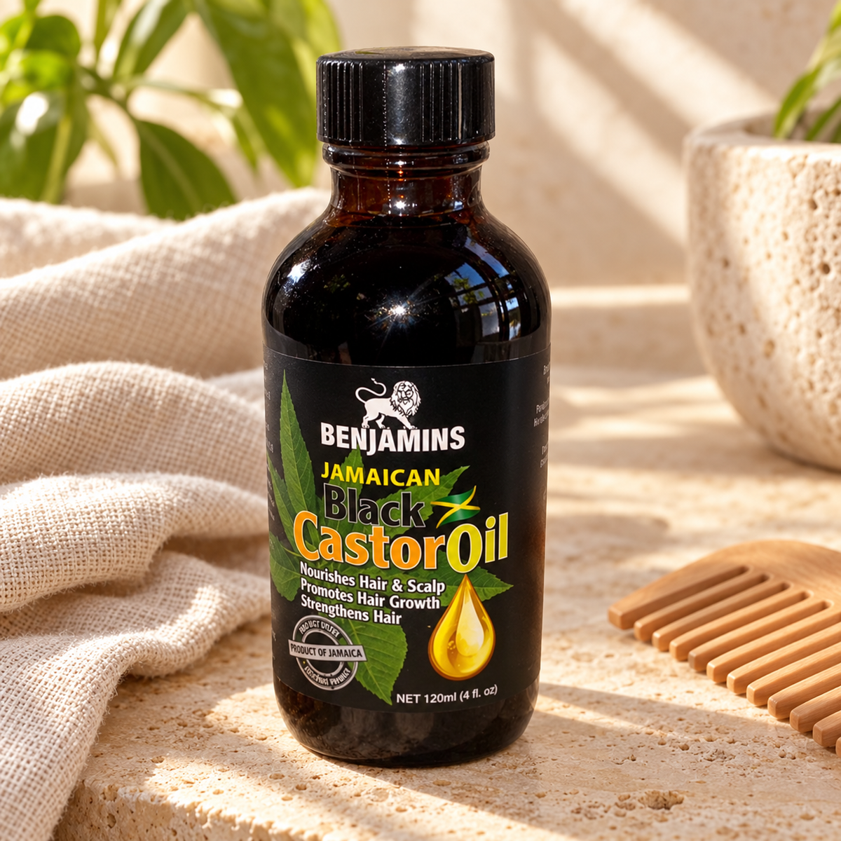 Benjamin’s Jamaican Black Castor Oil 120ml lifestyle photograph