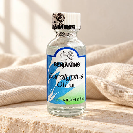 Benjamins Eucalyptus Oil 30ml bottle on pale stone with neutral linen