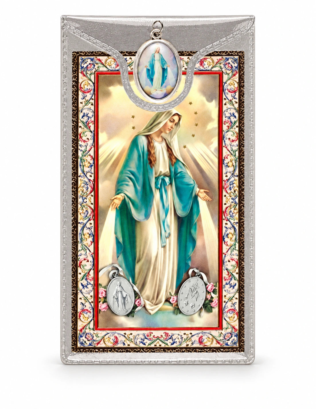 Miraculous Medal & Foil Leaflet Prayer Card on a white background