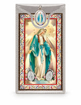 Miraculous Medal & Foil Leaflet Prayer Card on a white background