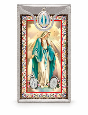 Miraculous Medal & Foil Leaflet Prayer Card on a white background