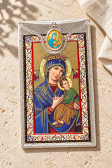 Our Lady of Perpetual Help Medal & Foil Leaflet Prayer Card styled on pale stone with linen