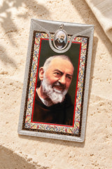 Saint Pio Medal & Foil Leaflet Prayer Card styled on pale stone with linen