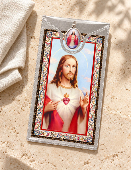 Sacred Heart of Jesus Medal & Foil Leaflet Prayer Card styled on pale stone with linen