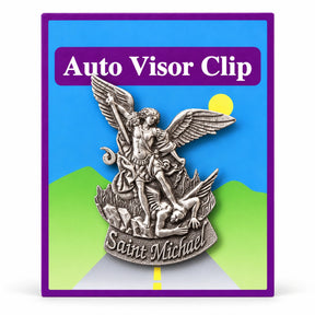 Saint Michael Pewter Car Visor Clip on a white background