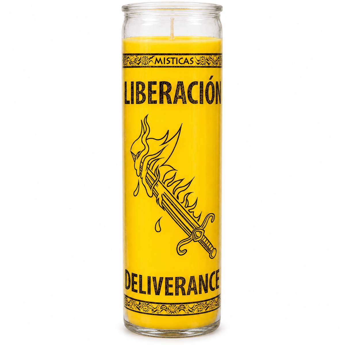 Deliverance Candle – yellow glass candle with Liberación label and flaming sword artwork on white background