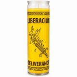 Deliverance Candle – yellow glass candle with Liberación label and flaming sword artwork on white background