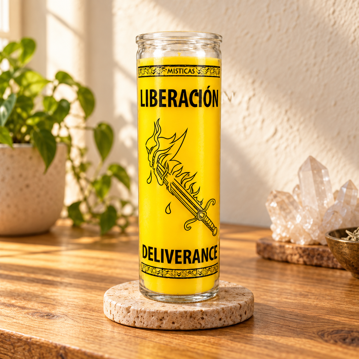 Deliverance Candle on a stone coaster in a warm sunlit altar setting with quartz and greenery