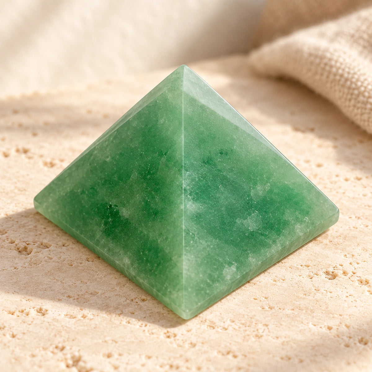 Green aventurine crystal pyramid on a pale stone surface