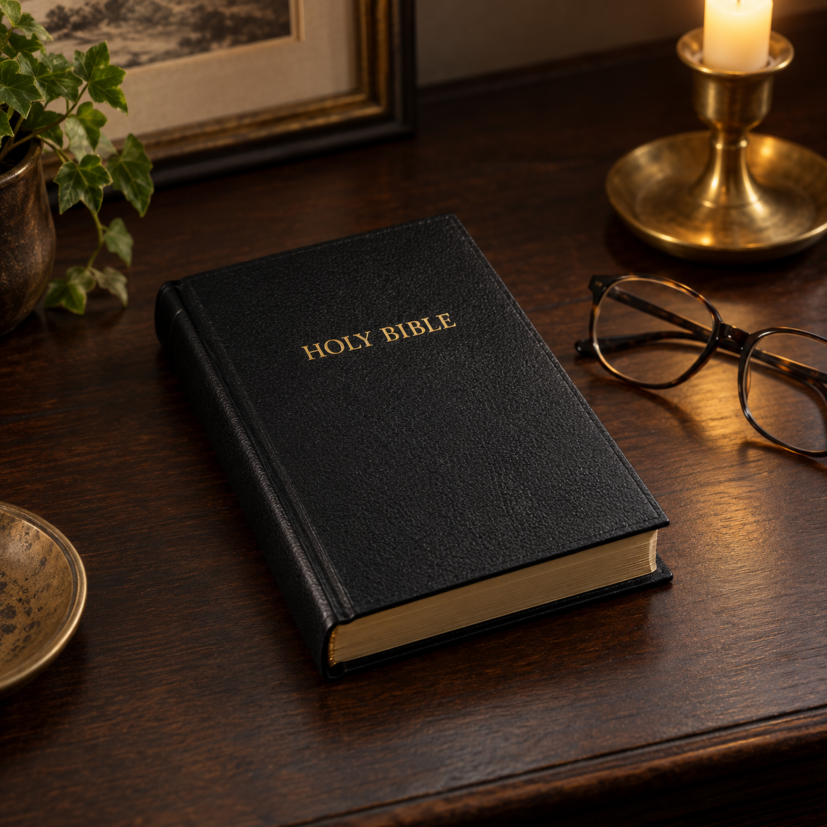 Hampton Text Bible – Black Hardback in a contemplative reading setting