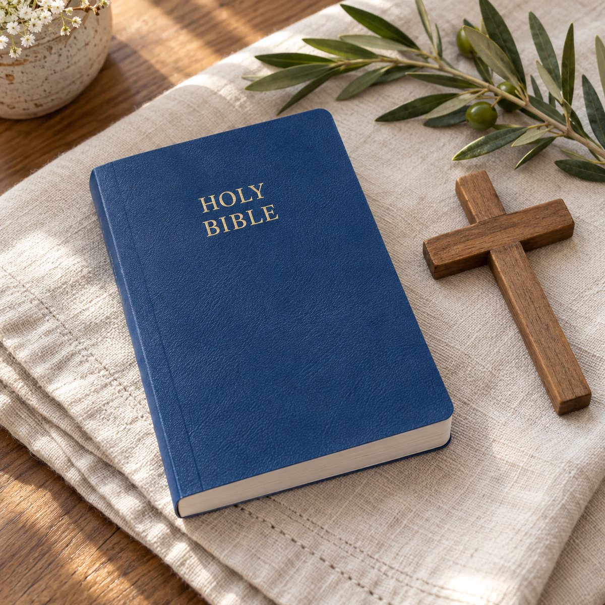 Hampton Text Bible – Blue Paperback with linen and wooden cross