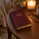 Hampton Text Bible – Burgundy Hardback in a warm devotional setting