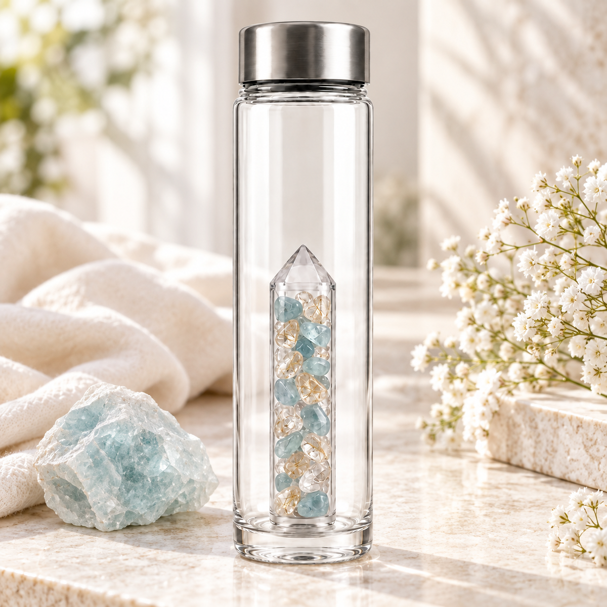 Love Divinity crystal bottle lifestyle image with Aquamarine and Angel Hair Quartz