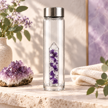 Magic Clarity crystal bottle lifestyle image with Amethyst and Rock Crystal