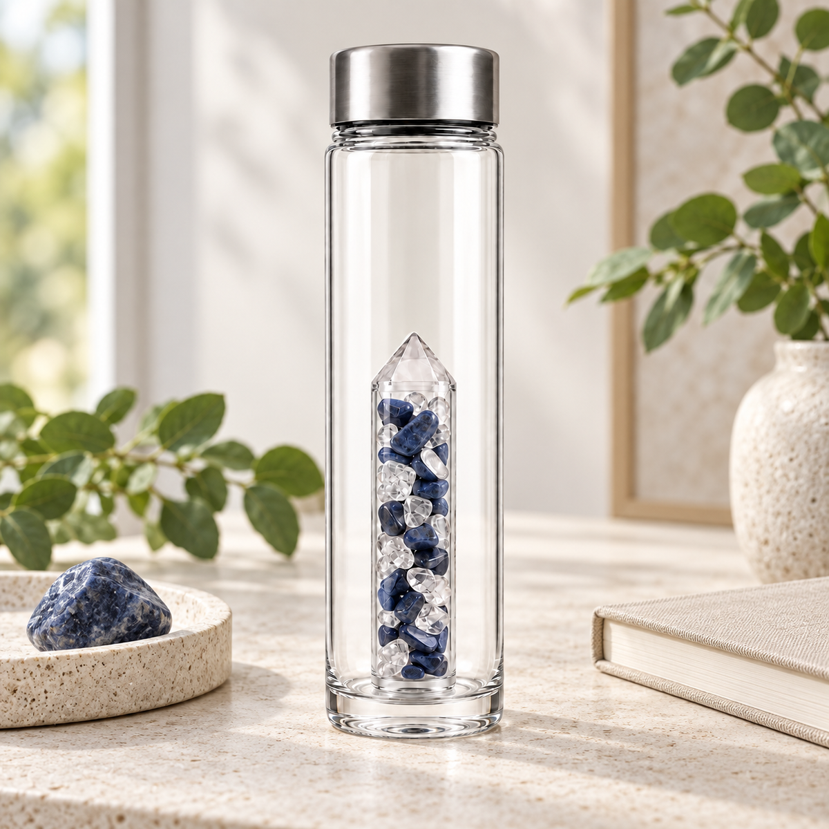 Magic Vision crystal bottle lifestyle image with Dumortierite and Rock Crystal