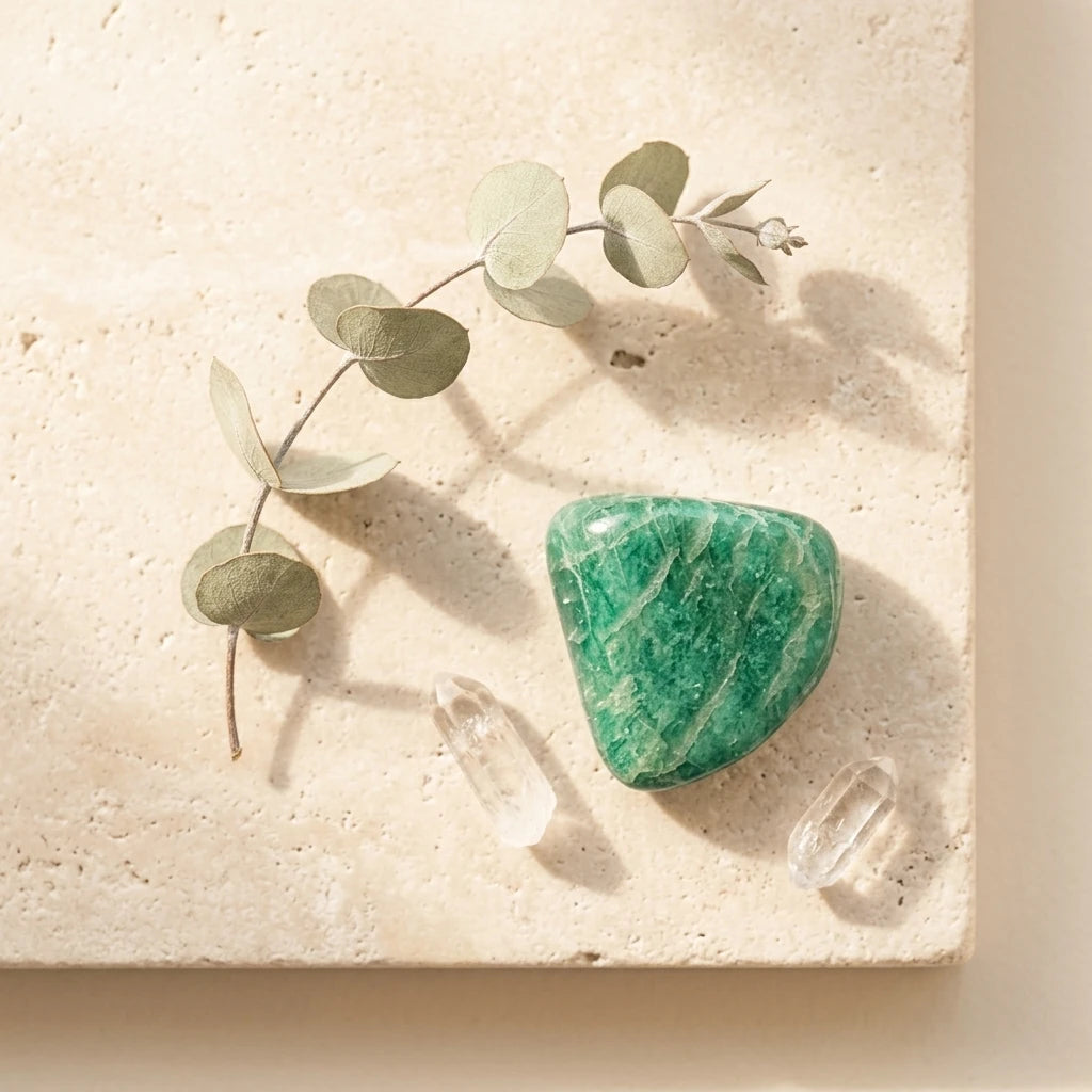 Tumbled Stone — Spiritual Wellness Flat Lay | Generated by Modelize