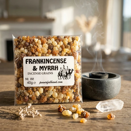 Resin incense grains in pouch — Ritual Lifestyle Scene | Generated by Modelize