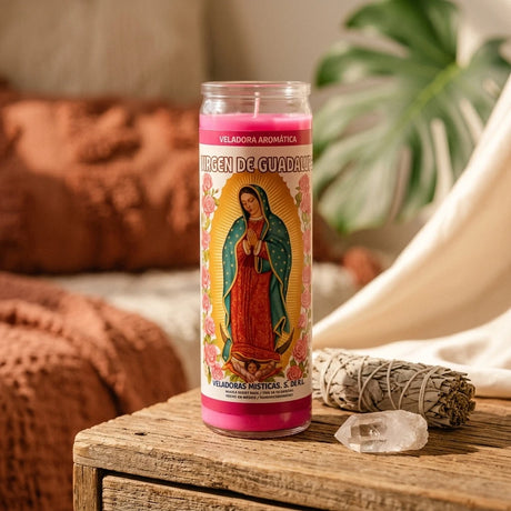 Religious pillar candle in glass jar — Spiritual Altar Lifestyle | Generated by Modelize