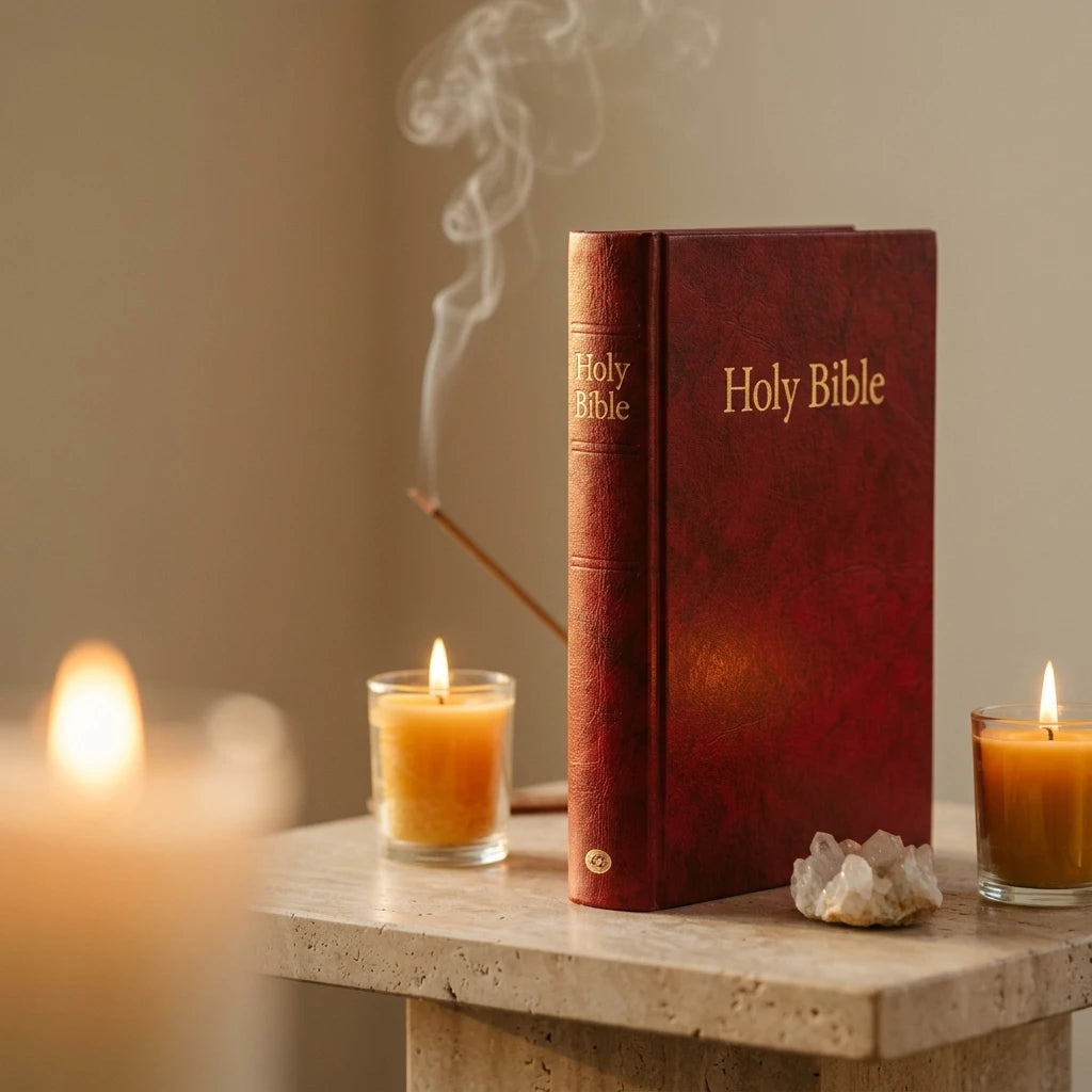 Hardcover Bible — Sacred Altar Setting | Generated by Modelize