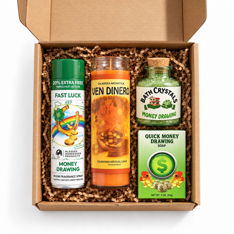 Money Drawing Ritual Gift Kit in a kraft box with candle, fast luck spray, Money Drawing Bath Salt Crystals and Quick Money Drawing Soap