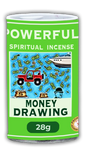 A product image featuring a green cylindrical container labeled 'Money Drawing' incense powder, with illustrations of a truck, money, and other items associated with wealth on the label.