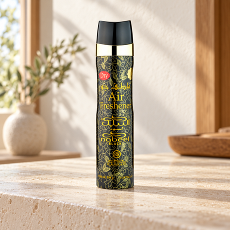 Nabeel Black Air Freshener (300ml) — lifestyle photo on a warm stone console