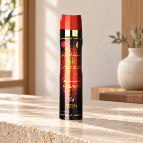 Nabeel Nasaem Air Freshener (300ml) — lifestyle photo on a warm stone console