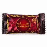Single individually wrapped 3g Nabeel Nasaem Mini Bakhoor piece — clean white-background studio photo
