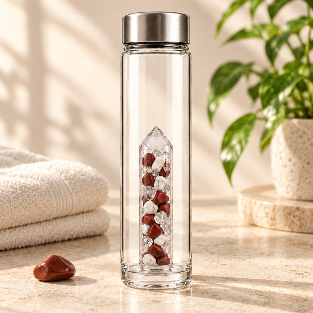Power Vitality crystal bottle lifestyle image with Red Jasper, Magnesite and Rock Crystal