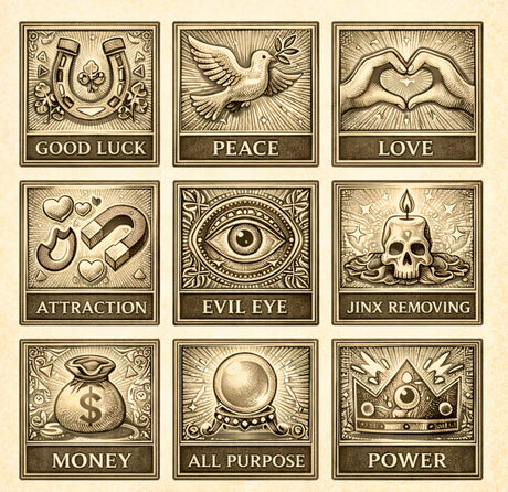 Vintage panels illustrating spiritual intentions including luck, peace, love and protection