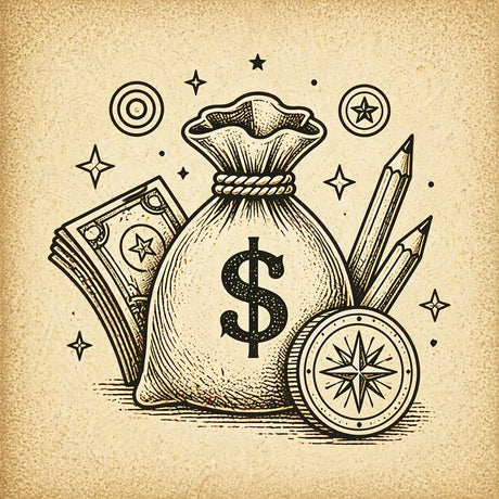 Money drawing illustration with money bag and compass