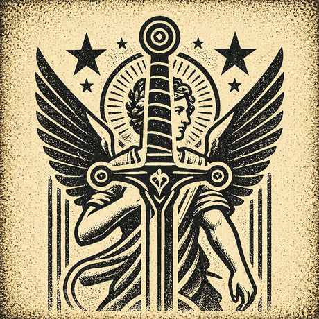 Saint Michael illustration with sword and wings