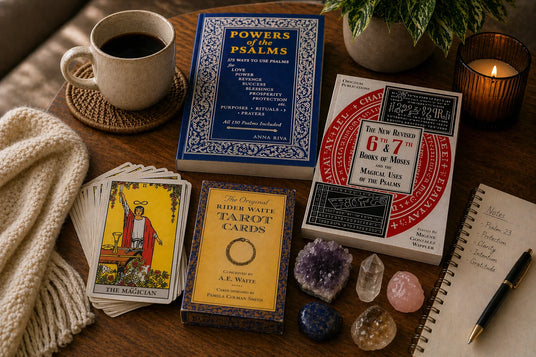Spiritual books and tarot cards on a table beside a candle and crystals