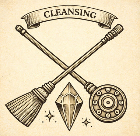 Cleansing illustration with broom, crystal and ritual symbols