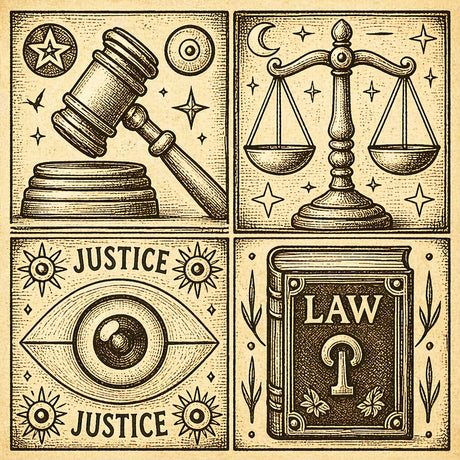 Justice illustration with a gavel, scales and law book