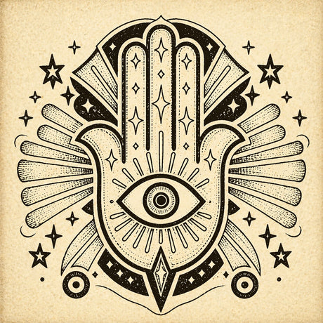Protective hand illustration with an eye and spiritual symbols