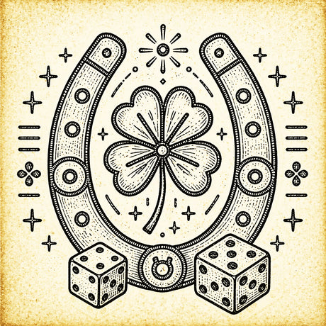 Good luck illustration with horseshoe, clover and dice