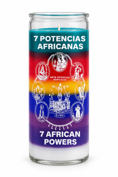 7 African Powers 14 Day Candle — front view on a white studio background