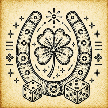 Good luck illustration with horseshoe, clover and dice