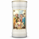 Holy Family prayer pillar candle — single front view on a white studio background